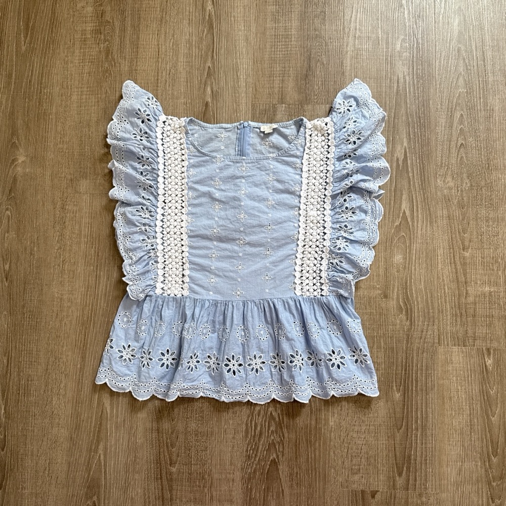 Jennifer & Grace 100% Cotton Eyelet Lace Trim Light Blue Babydoll Blouse Size M - Picture 2 of 12